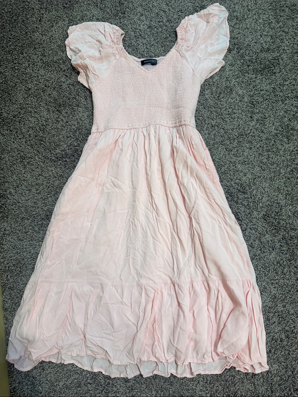 Smocked Bodice Puff Sleeve Midi Dress - Light Pink